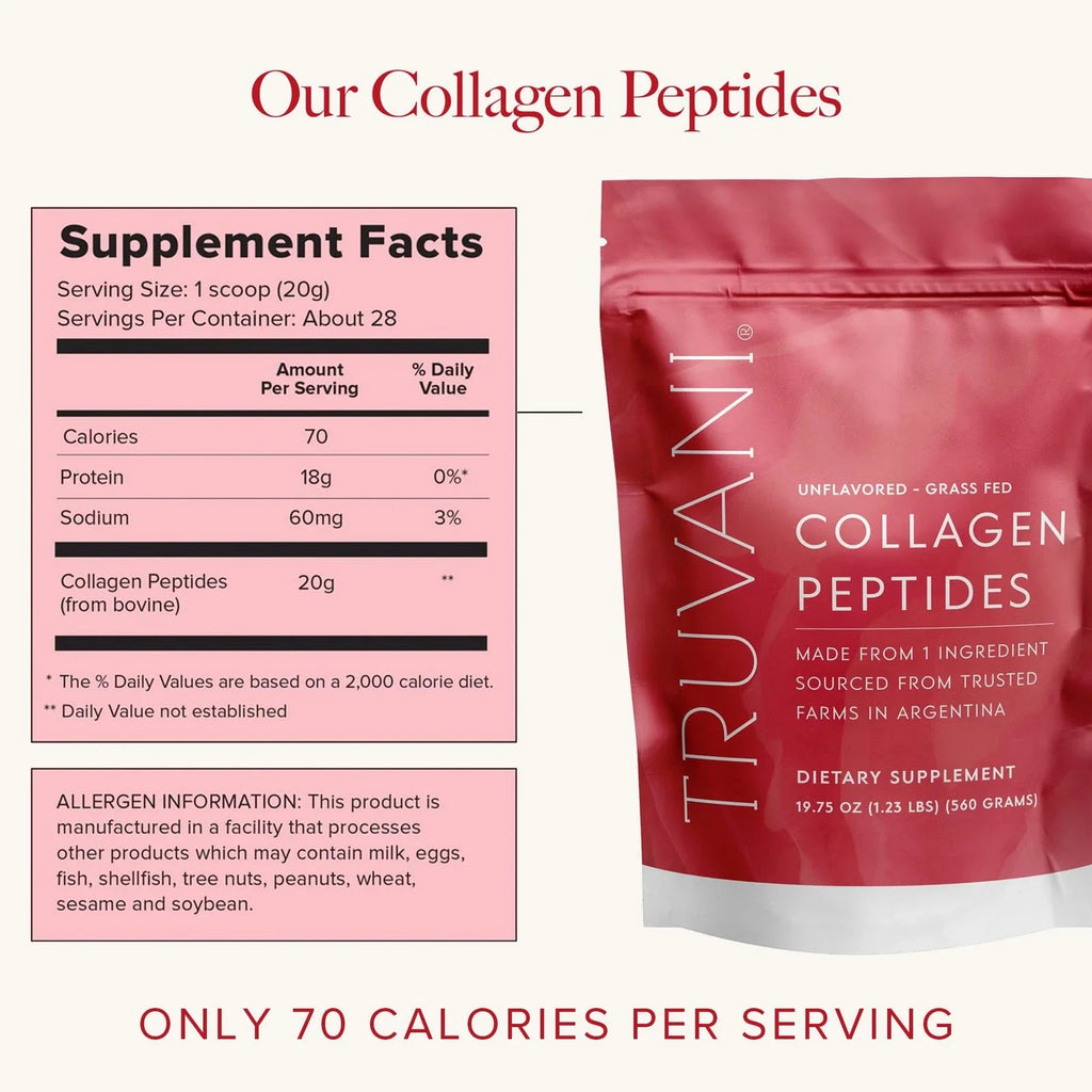 Truvani Hydrolyzed Collagen Peptides Powder (Unflavored), 19.75 oz (28 Servings) - 20g Grass-Fed Protein