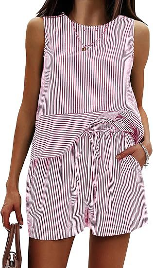 Women's Striped Stand Collar Sleeveless Top & Shorts Set