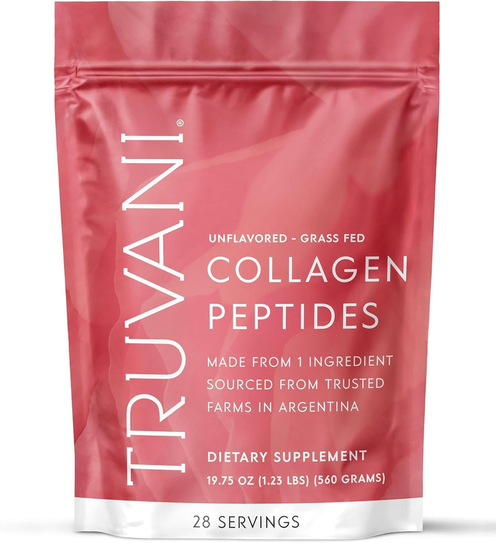 Truvani Hydrolyzed Collagen Peptides Powder (Unflavored), 19.75 oz (28 Servings) - 20g Grass-Fed Protein