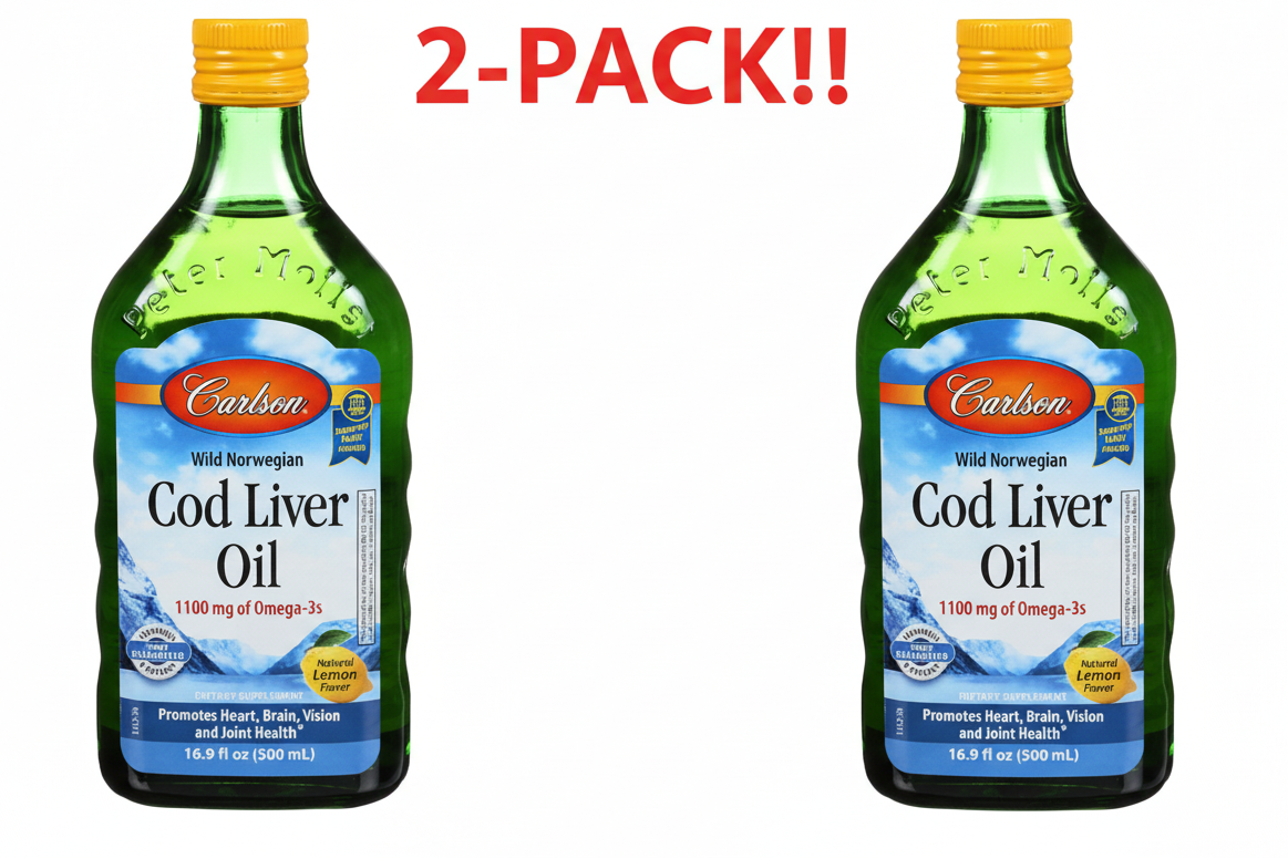 Carlson Cod Liver Oil  1100mg Omega-3s, Lemon  500 ml (16.9 fl oz) Double Pack!