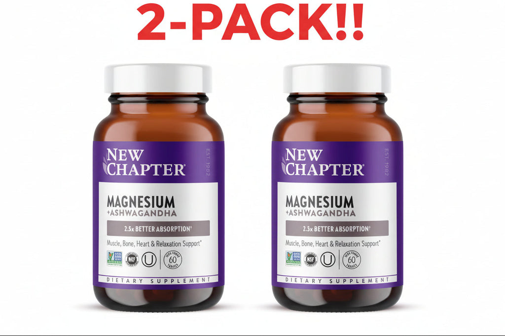 New Chapter Magnesium + Ashwagandha Supplement, 325 mg Magnesium Glycinate for Muscle Relaxation & Bone Health, 60 ct (2 Month Supply) – Unflavored - Double Pack!
