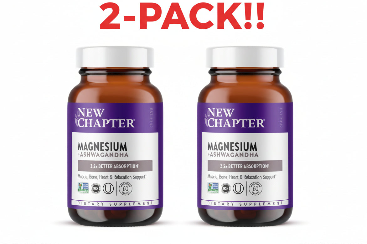 New Chapter Magnesium + Ashwagandha Supplement, 325 mg Magnesium Glycinate for Muscle Relaxation & Bone Health, 60 ct (2 Month Supply) – Unflavored - Double Pack!