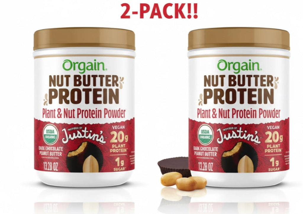 Orgain Justin’s Organic Vegan Nut Butter Protein Powder 2-Pack – Chocolate Peanut Butter – 20g Plant Protein – 13.28 oz per Canister – Low Sugar & Dairy Free