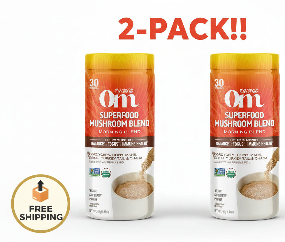 Om Mushroom Superfood Morning Energy Blend 2-Pack - Caffeine-Free Powder with Cordyceps & Lions Mane - Two 8.47 oz Bags (16.94 oz Total)
