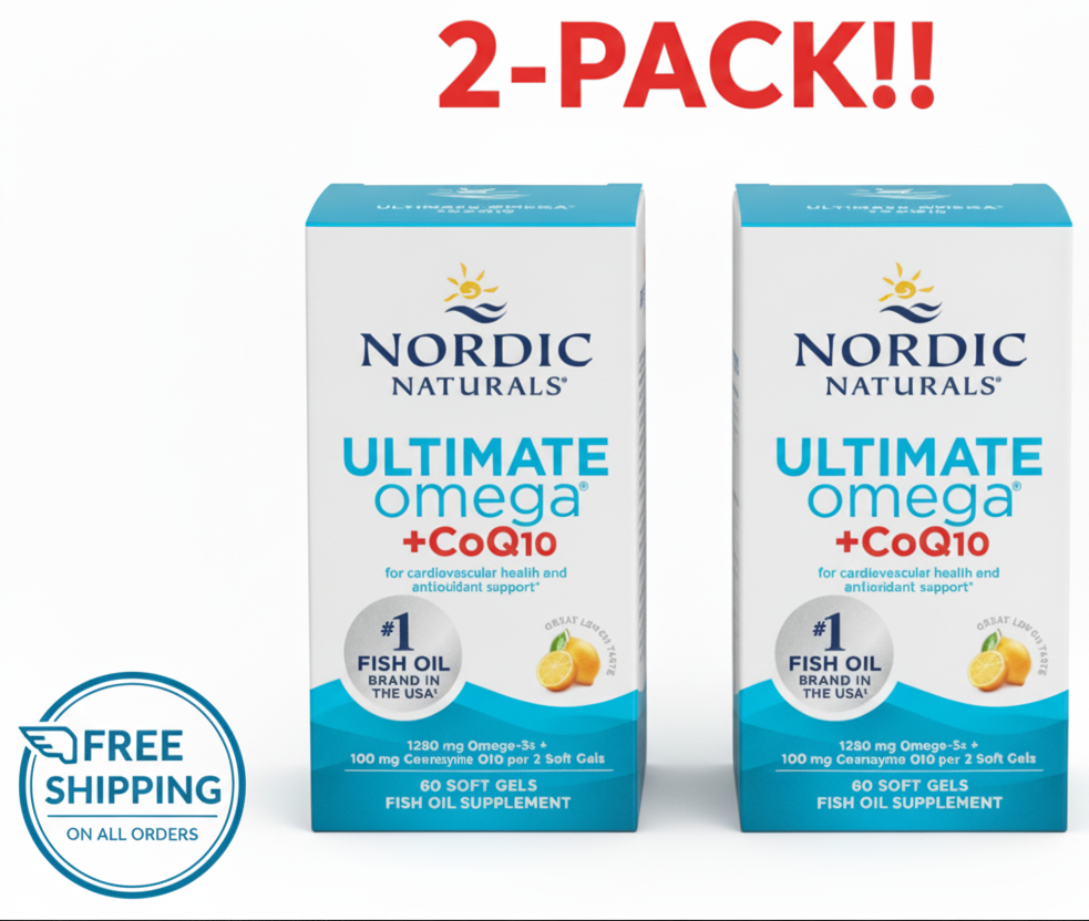 Nordic Naturals Ultimate Omega + CoQ10 Double Pack! – Lemon Flavor, 1280 mg Omega-3 + 100 mg CoQ10, 120 Soft Gels (60-Day Supply)
