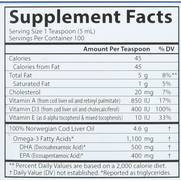 Carlson Cod Liver Oil  Lemon 1100mg Omega-3s 500 ml (16.9 fl oz)