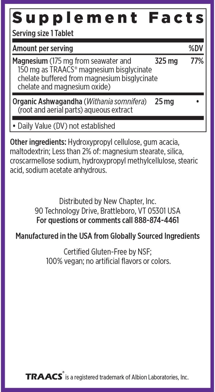 New Chapter Magnesium + Ashwagandha Supplement, 325 mg Magnesium Glycinate for Muscle Relaxation & Bone Health, 60 ct (2 Month Supply) – Unflavored - Double Pack!