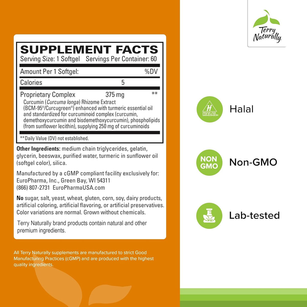 Terry Naturally CuraMed 375mg Curcumin Softgels, 60 Count, High-Absorption Turmeric Supplement for Brain, Immune, and Liver Health