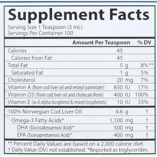 Carlson Cod Liver Oil  1100mg Omega-3s, Lemon  500 ml (16.9 fl oz) Double Pack!