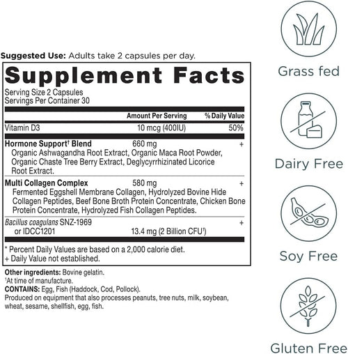 Ancient Nutrition Hormone Balance + Collagen Capsules 60 Count - Energy & Balanced Hormones for Women