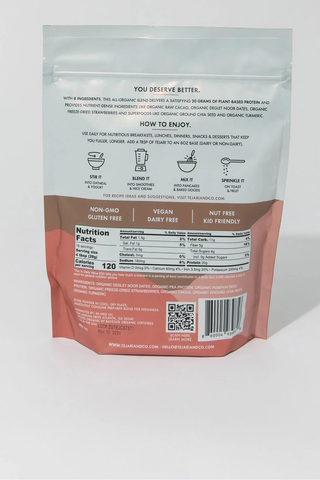 Tejari Organic Cacao + Strawberry Plant Protein Powder - 16 oz (1 lb / 454g) - Double Pack!