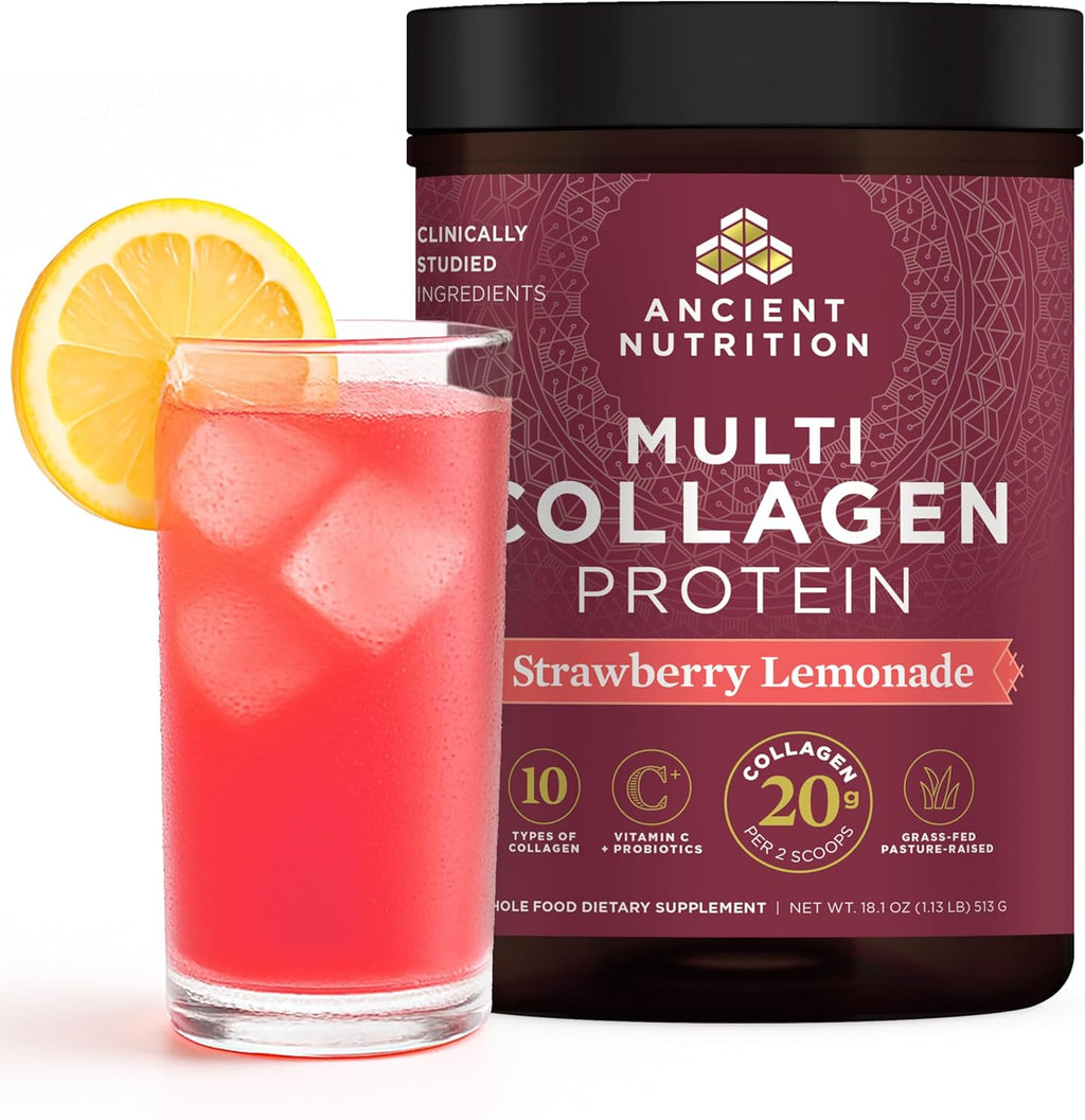 Ancient Nutrition Multi Collagen Peptides Strawberry Lemonade 18.1oz 45 Servings Hydrolyzed Protein with Probiotics & Vitamin C