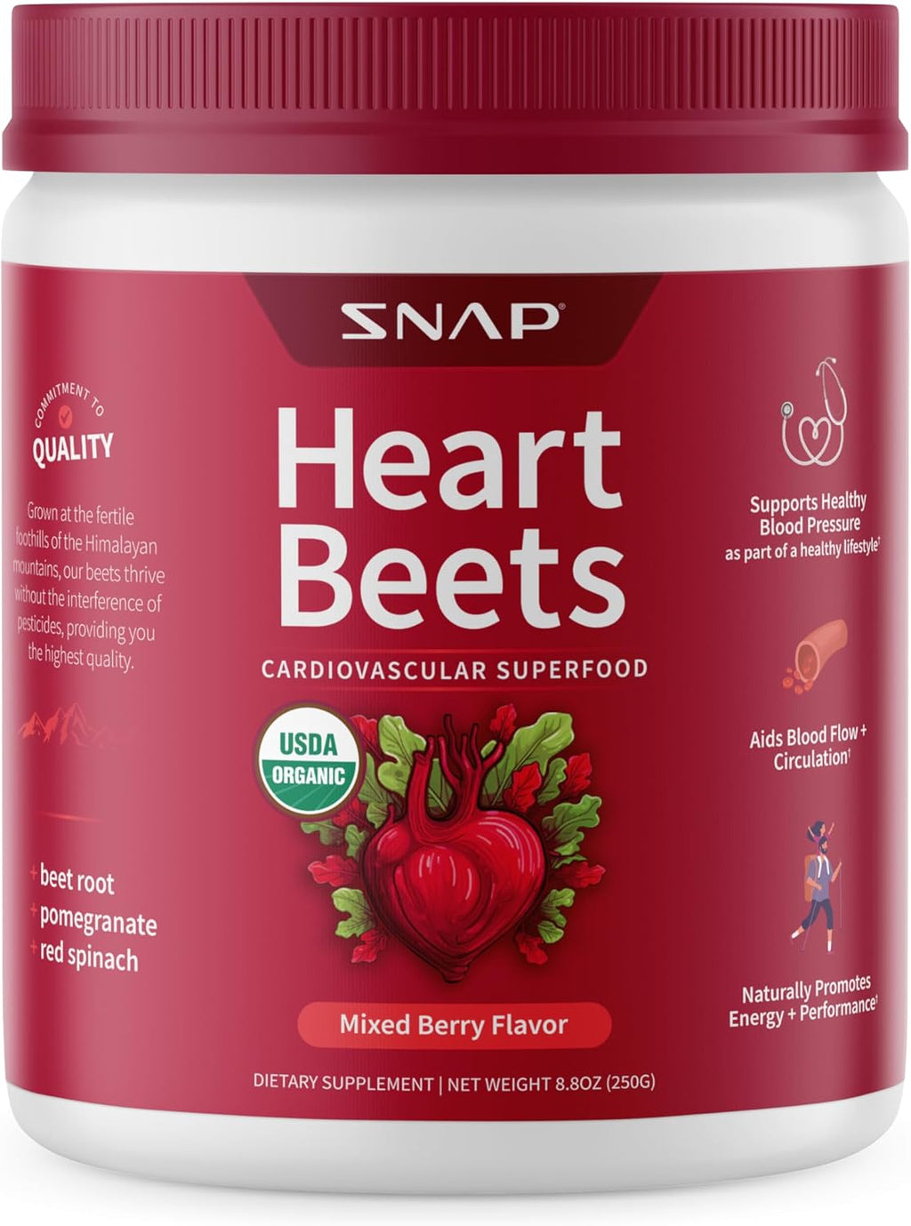 Snap Supplements Heart Beets Organic Beet Root Powder, 30 Servings (8.8 oz), Mixed Berry Flavor Cardiovascular Support with Pomegranate, Red Spinach, and B Vitamins