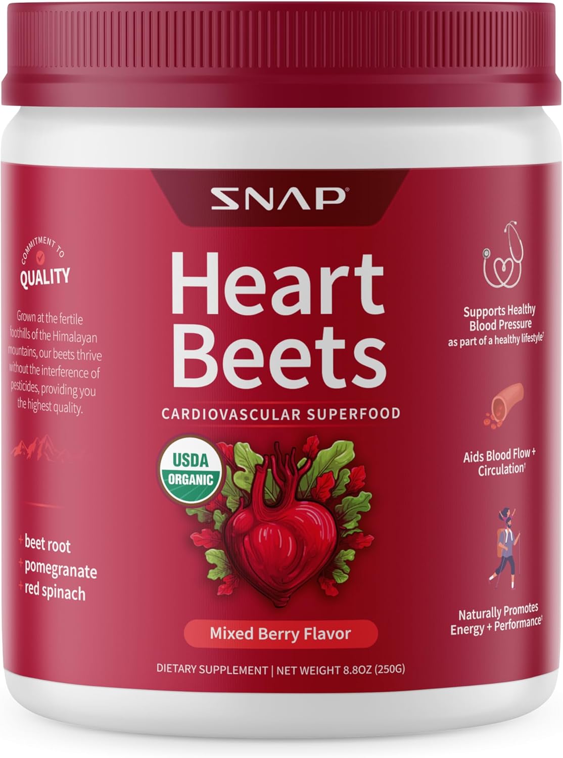 Snap Supplements Heart Beets Organic Beet Root Powder, 30 Servings (8.8 oz), Mixed Berry Flavor Cardiovascular Support with Pomegranate, Red Spinach, and B Vitamins