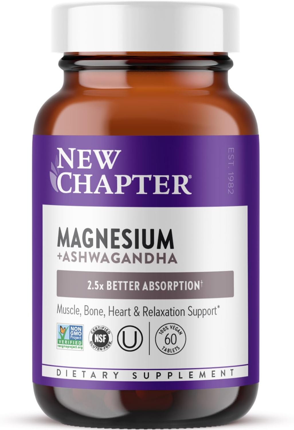 New Chapter Magnesium + Ashwagandha Supplement, 325 mg Magnesium Glycinate for Muscle Relaxation & Bone Health, 60 ct (2 Month Supply) – Plus Available DISCOUNTS!!