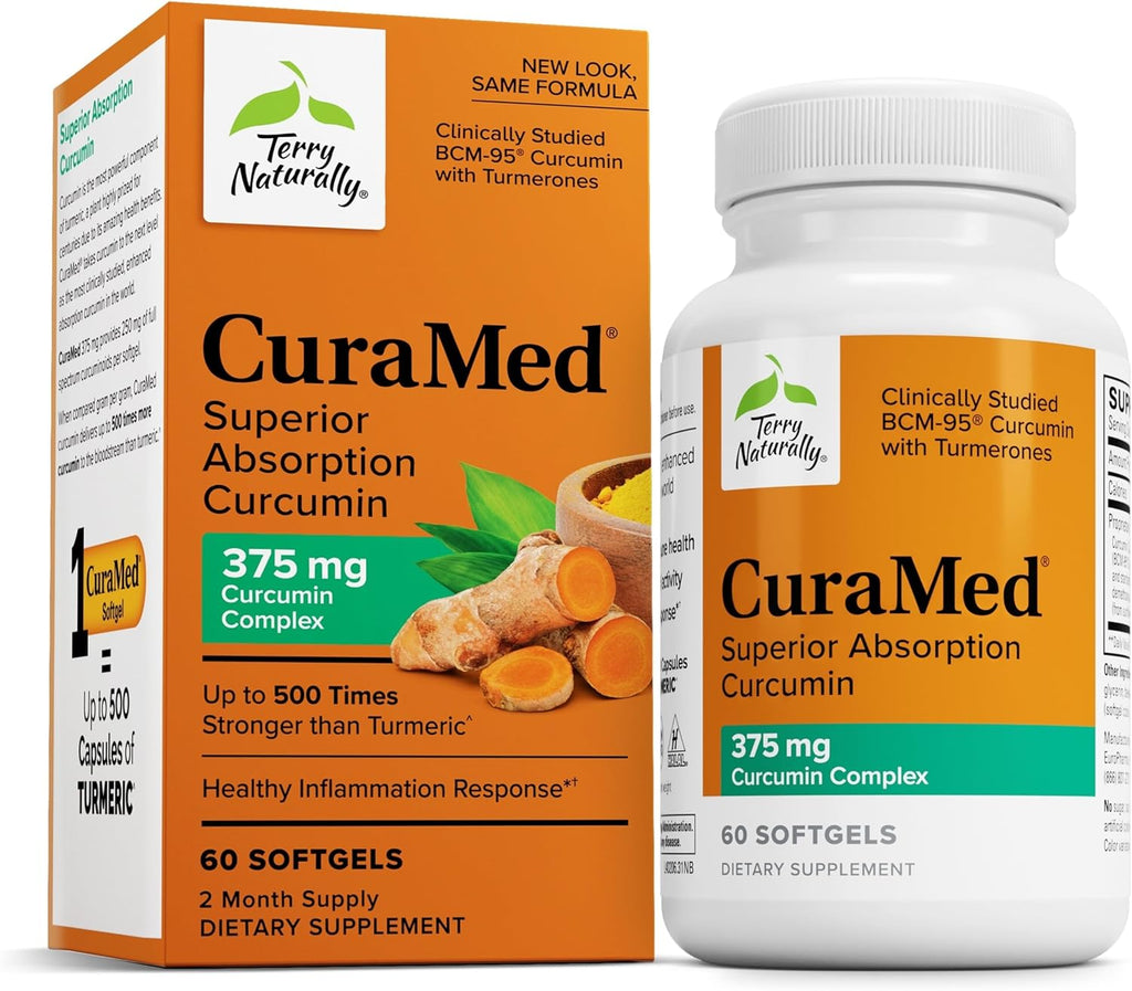 Terry Naturally CuraMed 375mg Curcumin Softgels, 60 Count, High-Absorption Turmeric Supplement for Brain, Immune, and Liver Health