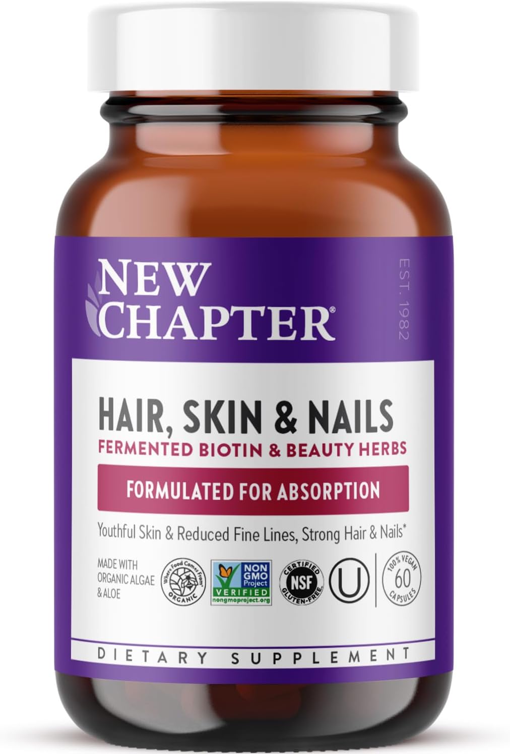 New Chapter Fermented Biotin Supplement (Unflavored), 60 Vegan Capsules - Hair, Skin & Nails Vitamins with Astaxanthin