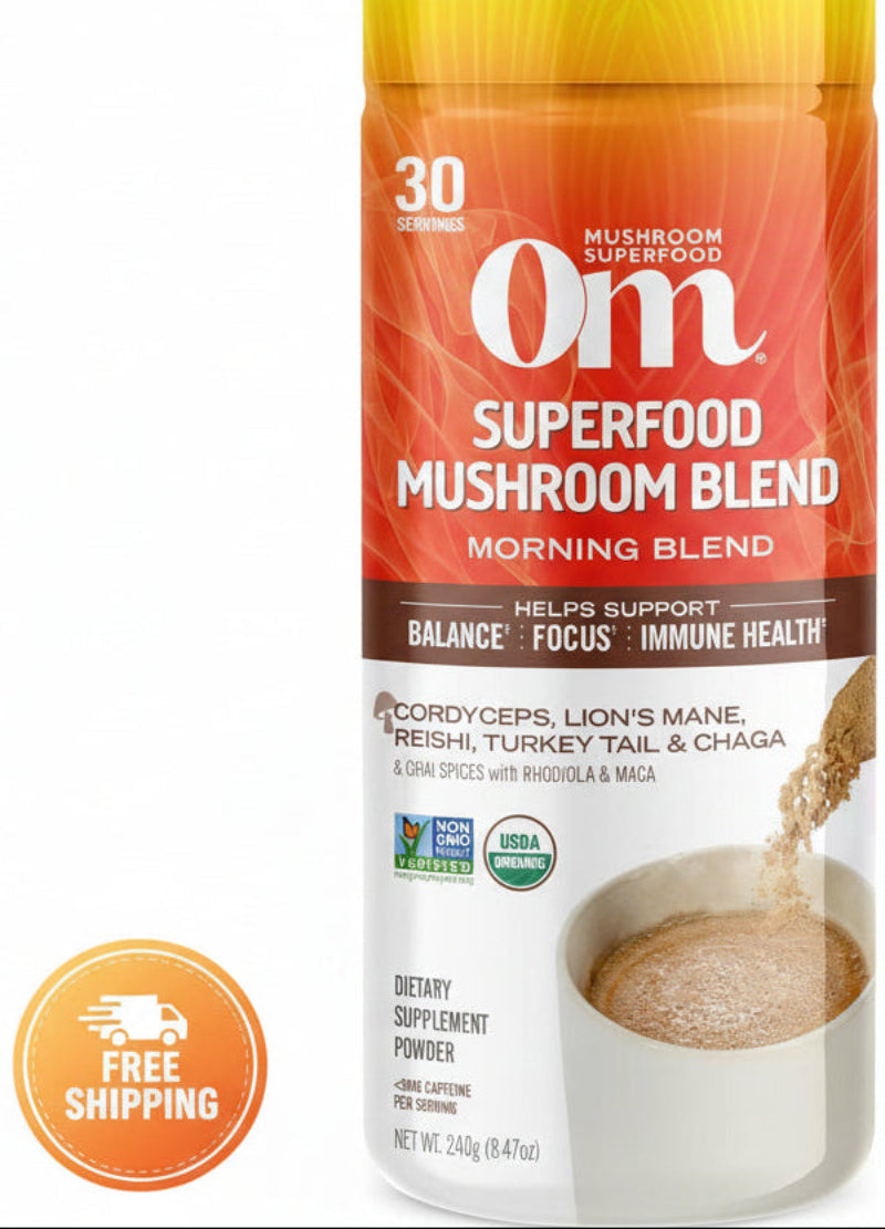 Om Mushroom Superfood Morning Energy Blend 2-Pack - Caffeine-Free Powder with Cordyceps & Lions Mane - Two 8.47 oz Bags (16.94 oz Total)