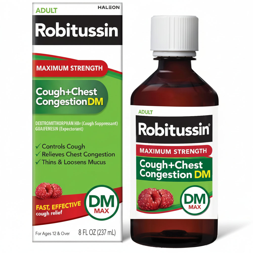 Robitussin Adult Maximum Strength Cough + Chest Congestion DM Max, 8 fl oz Liquid Cough Suppressant and Expectorant, Raspberry Flavor