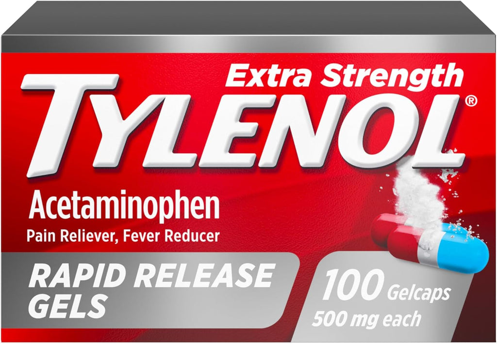Tylenol Extra Strength Acetaminophen Rapid Release Gels, 100 Count, 500 mg Pain Reliever and Fever Reducer Gelcaps