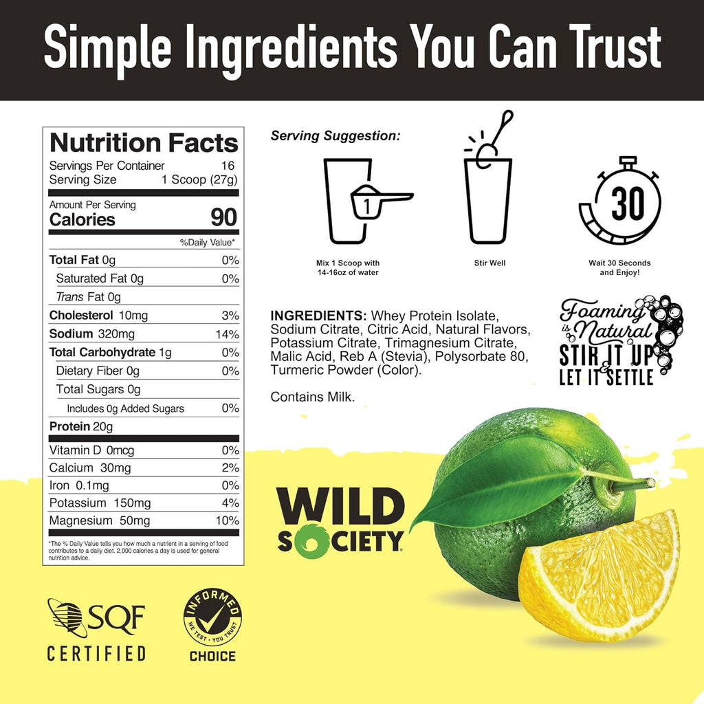 Wild Society Nutrition Lemon Lime Clear Whey Isolate Protein Powder (16 oz) | 20g Protein | Zero Sugar Post-Workout Hydration