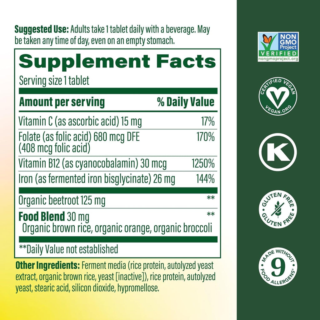 MegaFood Blood Builder Iron Supplement - 90 Tablets - Increases Iron Levels Without Side Effects - Energy & Fatigue Support with Vitamin B12, Folic Acid & Vitamin C - Vegan