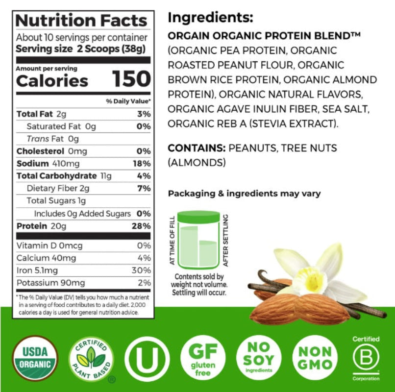 Orgain x JUSTIN’S Organic Plant & Nut Butter Protein Powder, 13.28 oz (2 Pack), Vanilla Almond Butter – Double Pack!