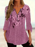 Women’s Printed Spike Button Three-Quarter Sleeve Casual Top