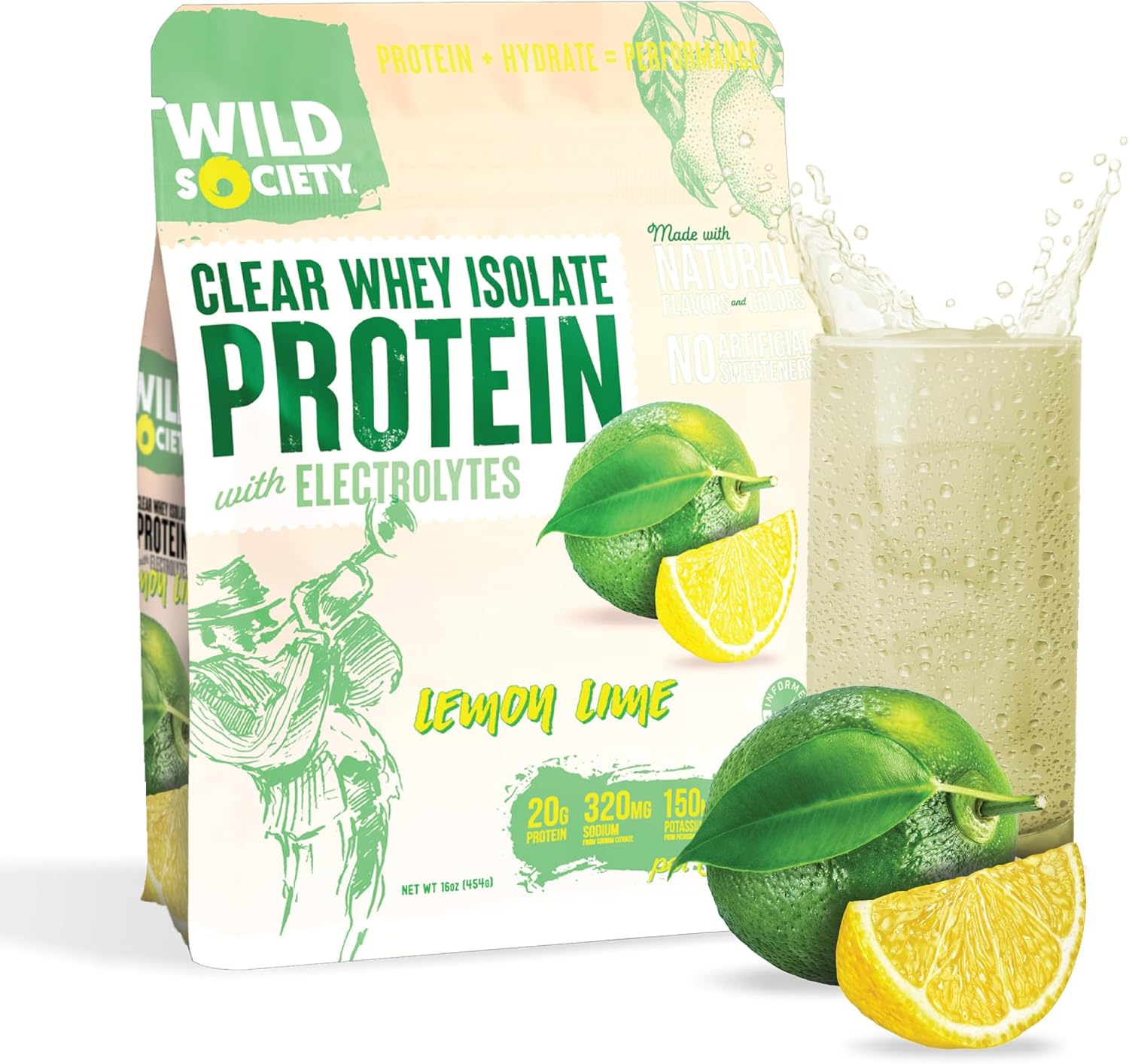 Wild Society Nutrition Lemon Lime Clear Whey Isolate Protein Powder (16 oz) | 20g Protein | Zero Sugar Post-Workout Hydration