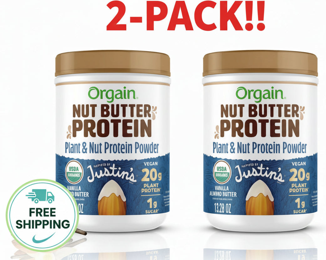 Orgain x JUSTIN’S Organic Plant & Nut Butter Protein Powder, 13.28 oz (2 Pack), Vanilla Almond Butter – Double Pack!
