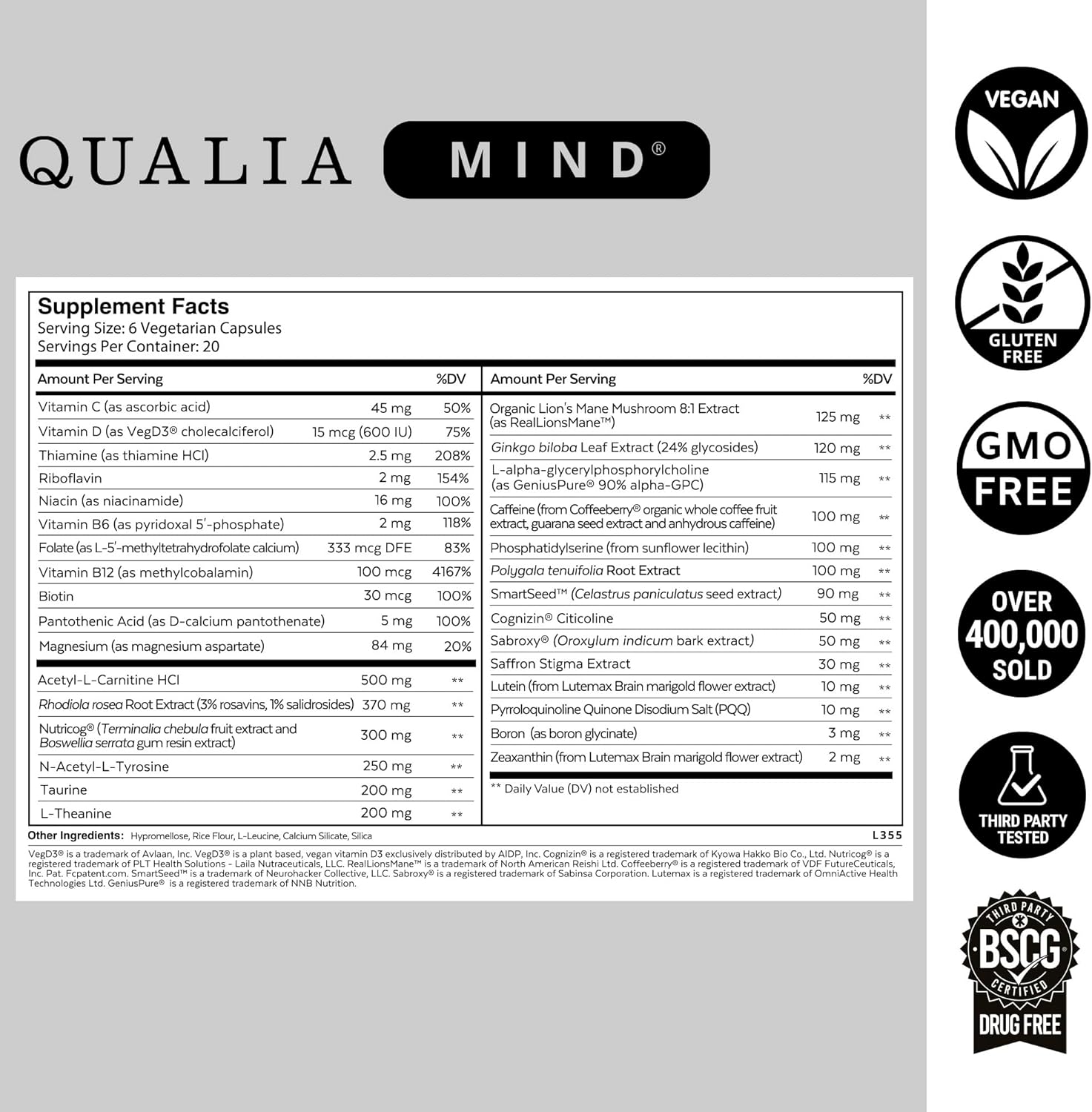 Qualia Mind Premium Brain Nourishment Supplement – Nootropic Focus and Energy Formula for Mental Clarity, 30 ct Vegetarian Capsules