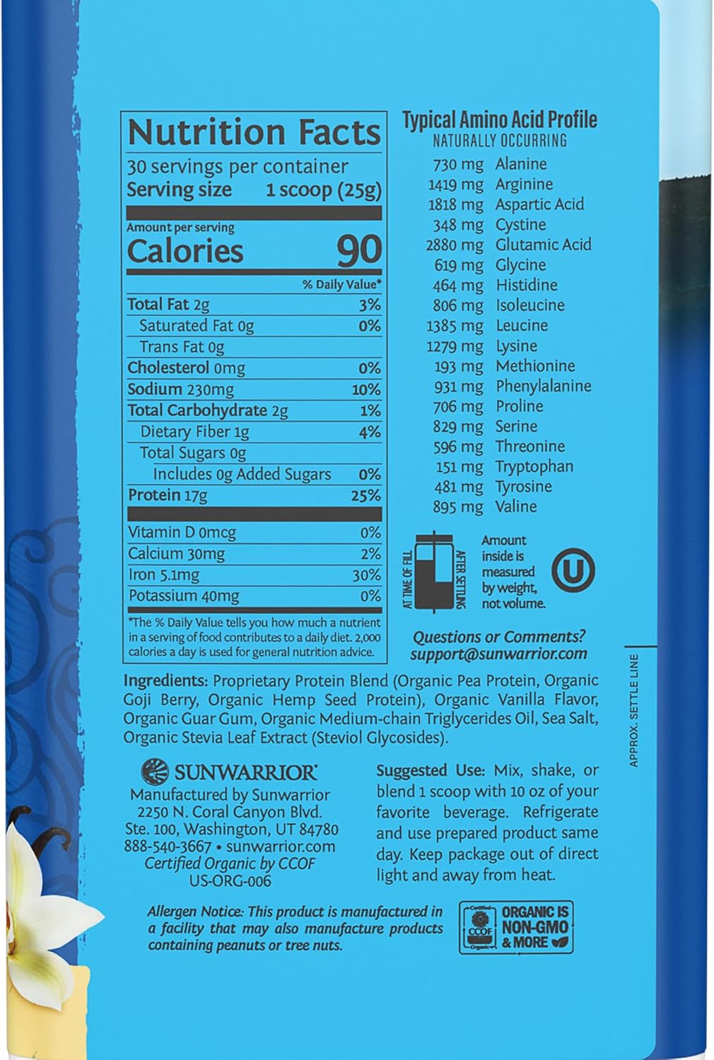 Sunwarrior Warrior Blend Vegan Protein Powder (Vanilla), 750g (30 Servings) - Organic Plant-Based Protein & BCAAs