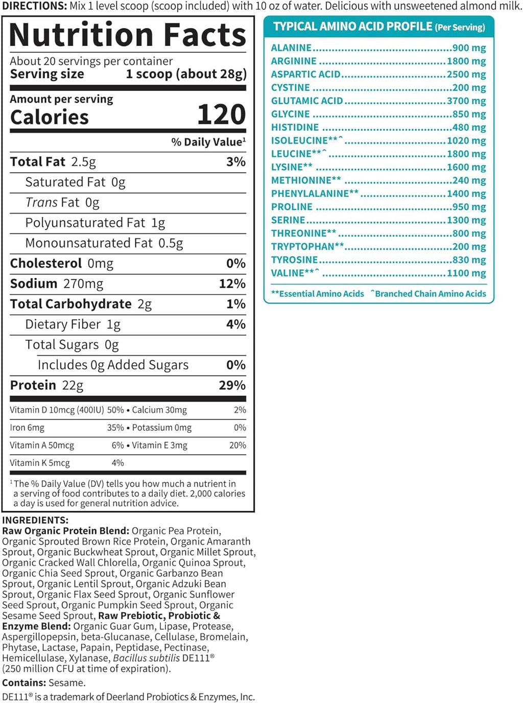Garden of Life Raw Organic Protein Plant Based Unflavored 19.75 oz 2Pack! 39.5 oz Total
