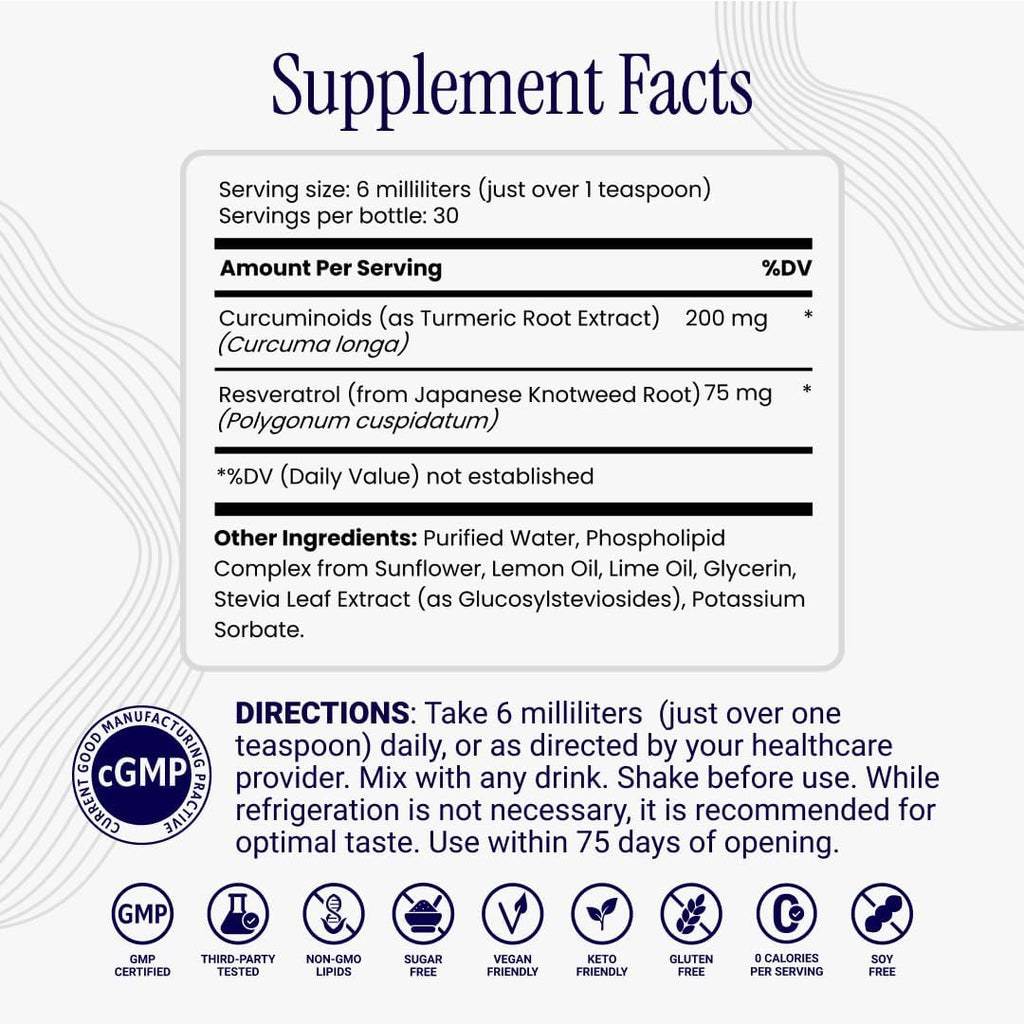 Rho Nutrition Liposomal Curcumin + Resveratrol, 6 fl oz (180 ml) – Ultra High Absorption Liquid Supplement