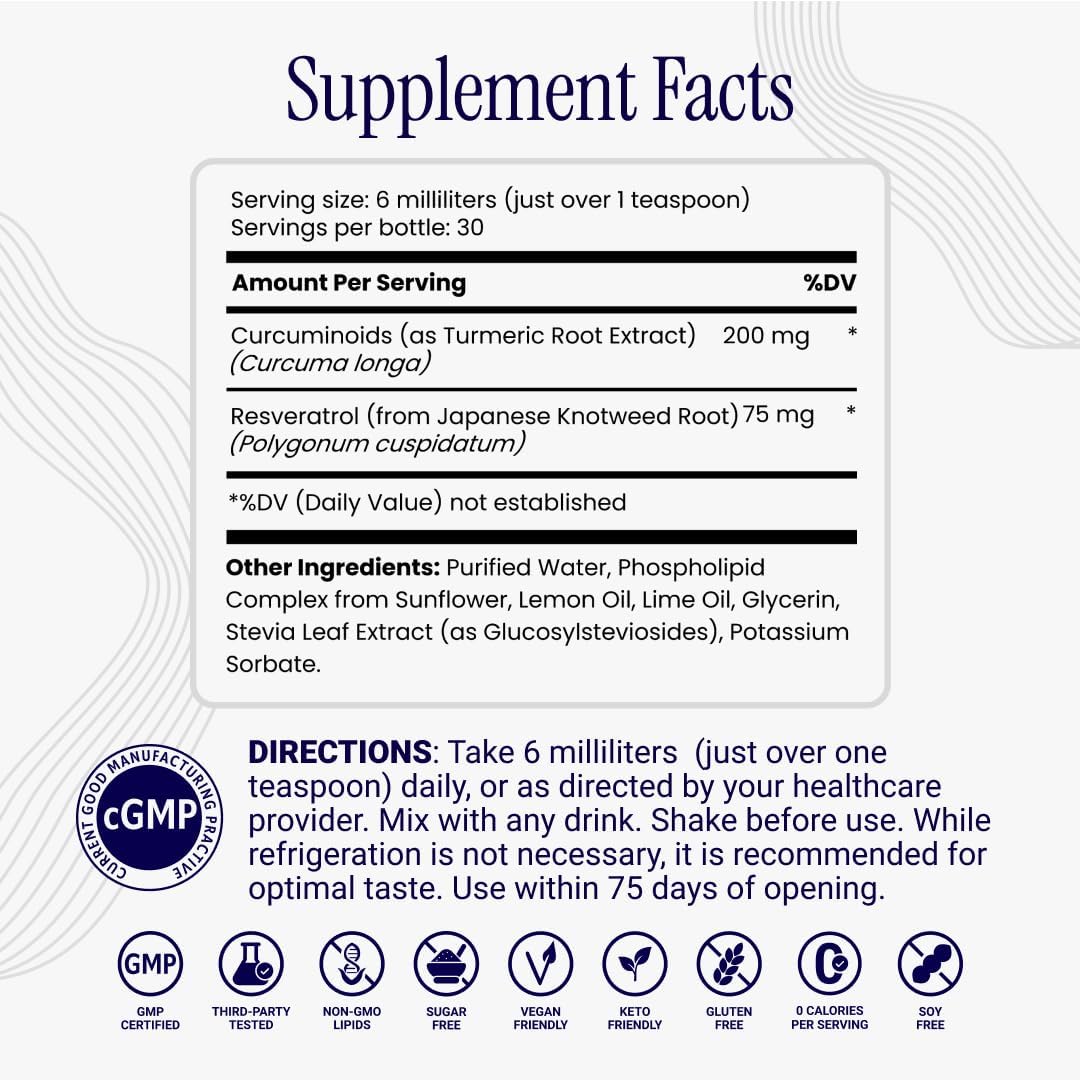 Rho Nutrition Liposomal Curcumin + Resveratrol, 6 fl oz (180 ml) – Ultra High Absorption Liquid Supplement