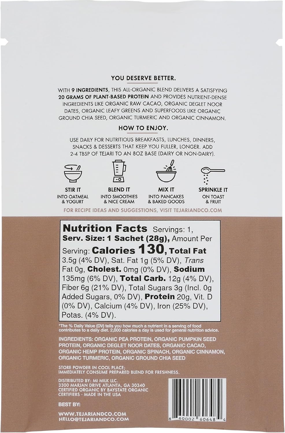 Tejari Organic Cacao + Greens Plant Protein Powder - 16 oz (1 lb / 454g) - Clean Label