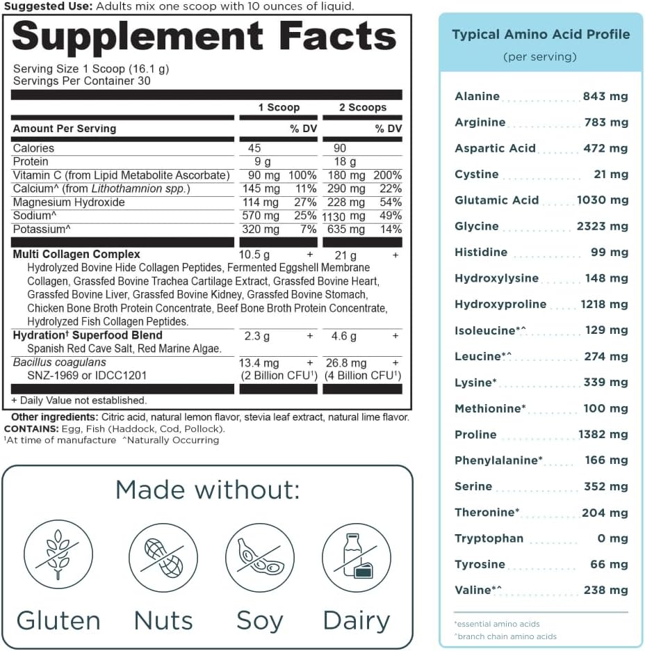 Ancient Nutrition Advanced Multi Collagen Protein Powder Hydrate, Lemon Lime, 30 Servings, 17.0 ounces