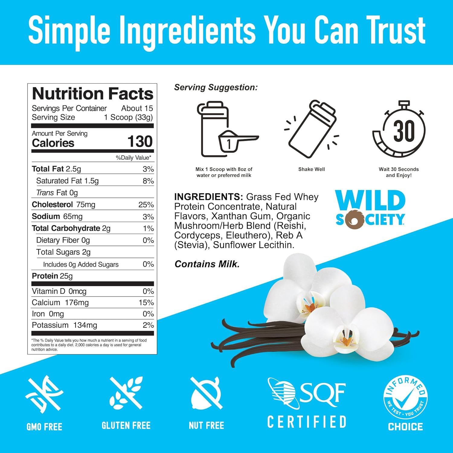 Wild Society Nutrition Vanilla Bean Whey Protein Powder (17.46 oz) | 25g High-Purity Protein | Low Carb & Gluten Free