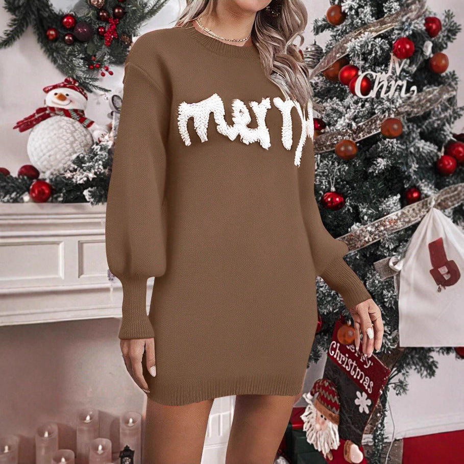 Women’s Knitted Round Neck Lantern-Sleeve Pullover Sheath Dress
