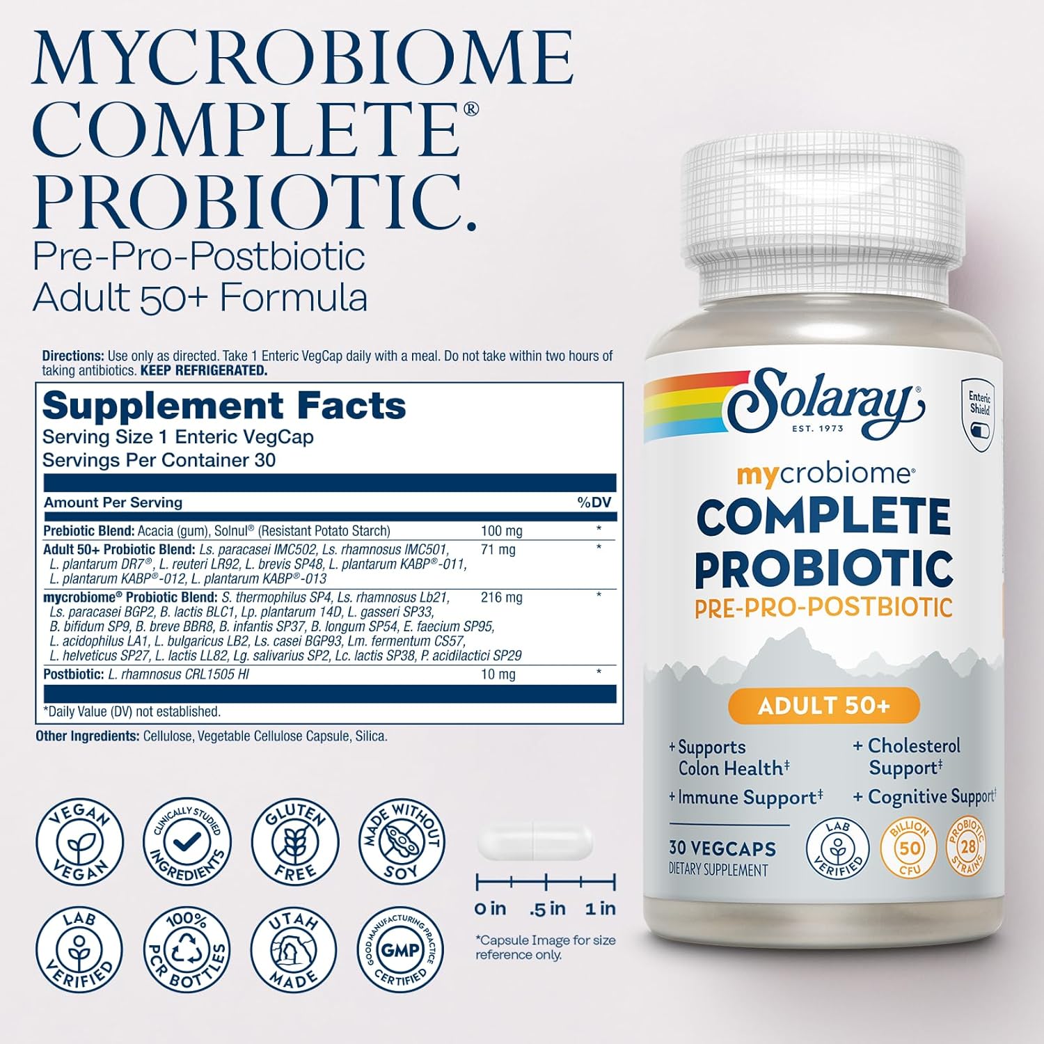 Solaray Mycrobiome Complete Probiotic Adult 50+, 50 Billion CFU (30 VegCaps, Unflavored)