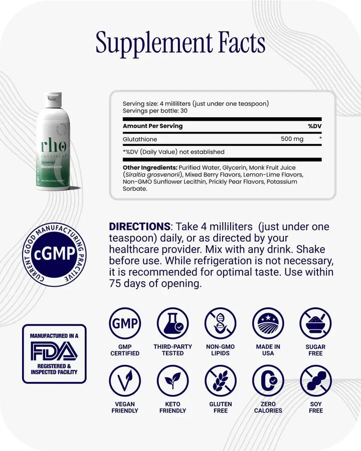 Rho Nutrition Liposomal Glutathione Liquid | 500 mg Antioxidant Support | Enhanced Absorption | 4 fl oz (120 ml)
