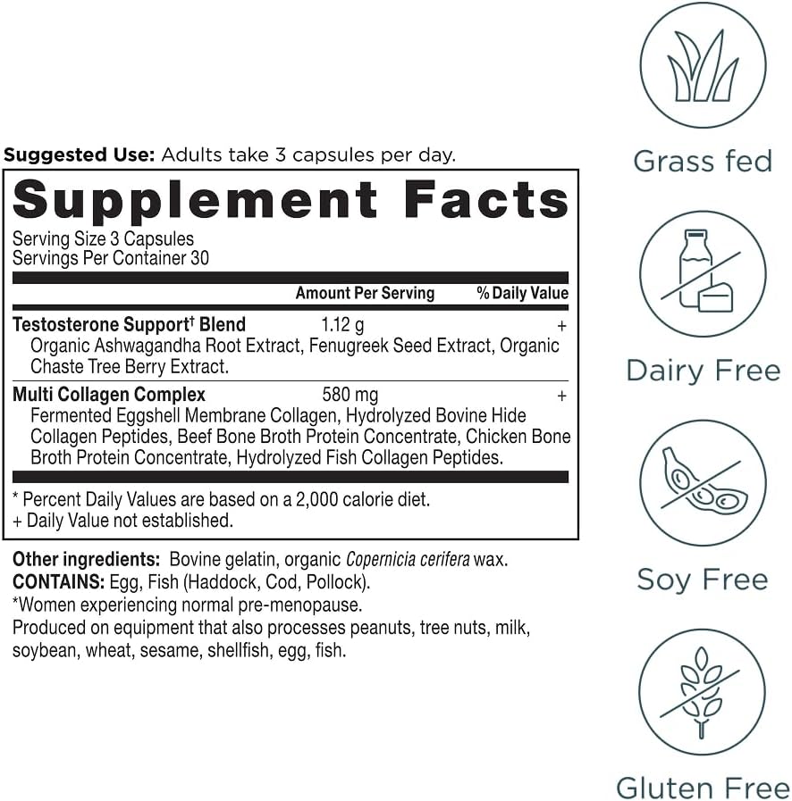 Ancient Nutrition Testosterone Support + Collagen Capsules (Unflavored), 180 Total Caps - Hormone Balance for Women - 2 Pack Value
