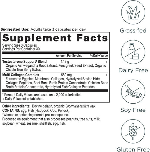Ancient Nutrition Testosterone Support + Collagen Capsules (Unflavored), 90 Caps - Hormone Balance for Wome