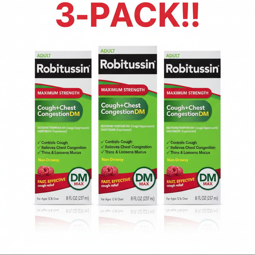 Robitussin Adult Maximum Strength Cough + Chest Congestion DM Max, 3-Pack (24 fl oz Total), Raspberry Flavor Liquid Expectorant and Suppressant