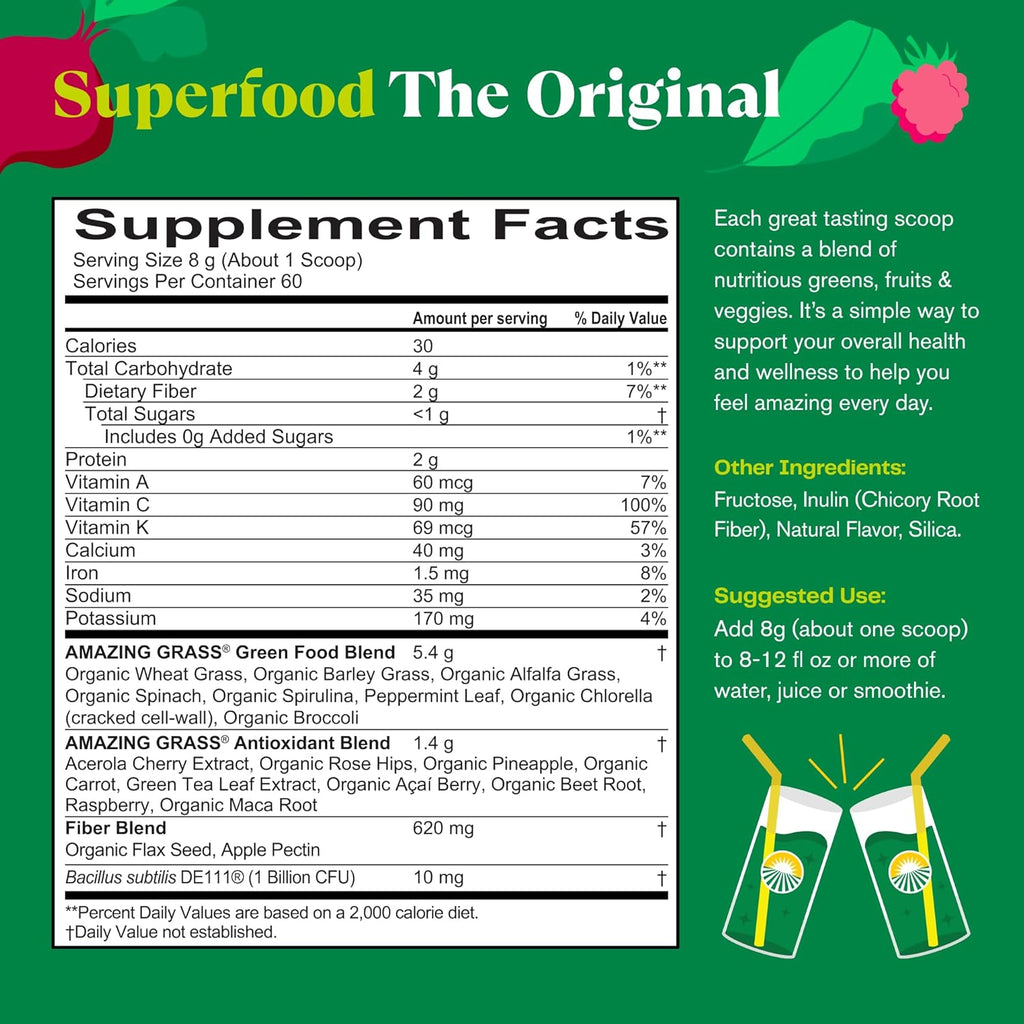 Amazing Grass Original Green Superfood Powder (16.9 oz, 60 Servings) | Daily Greens Blend for Energy & Detox