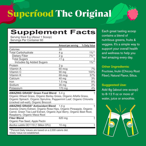 Amazing Grass Original Green Superfood Powder (16.9 oz, 60 Servings) | Daily Greens Blend for Energy & Detox