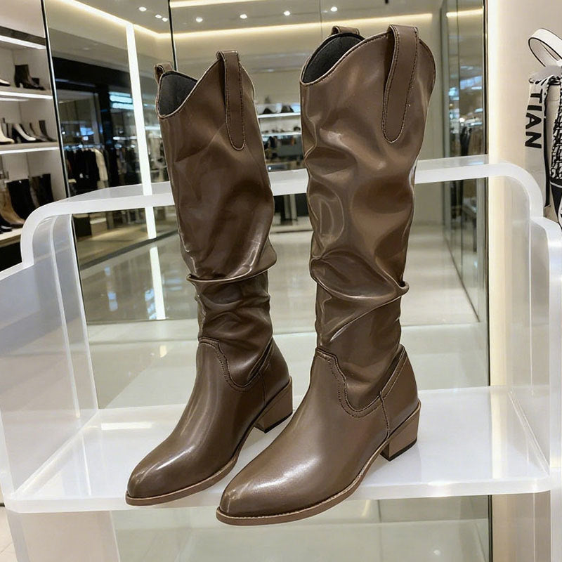 Chunky Heel Suede Riding Boots High Top Women