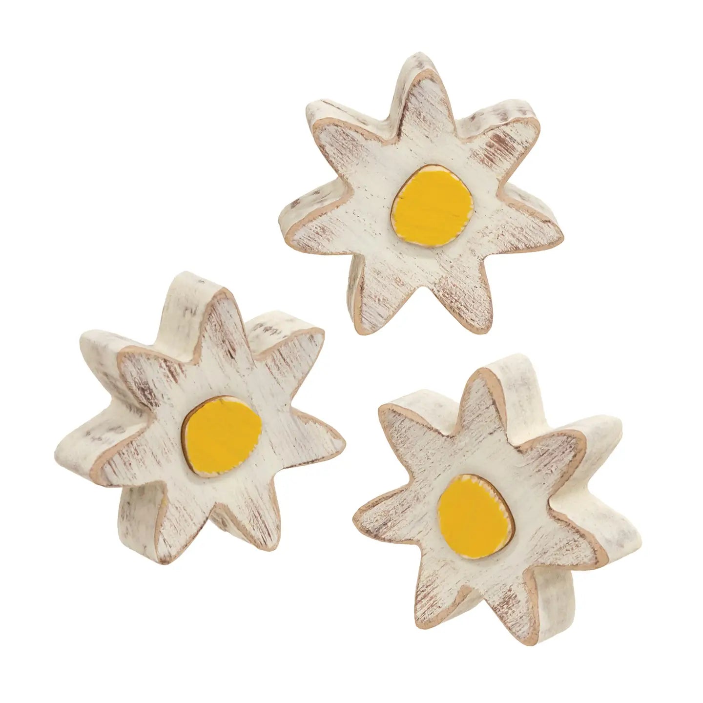3/Set - Distressed Chunky Wooden White Daisy Sitter