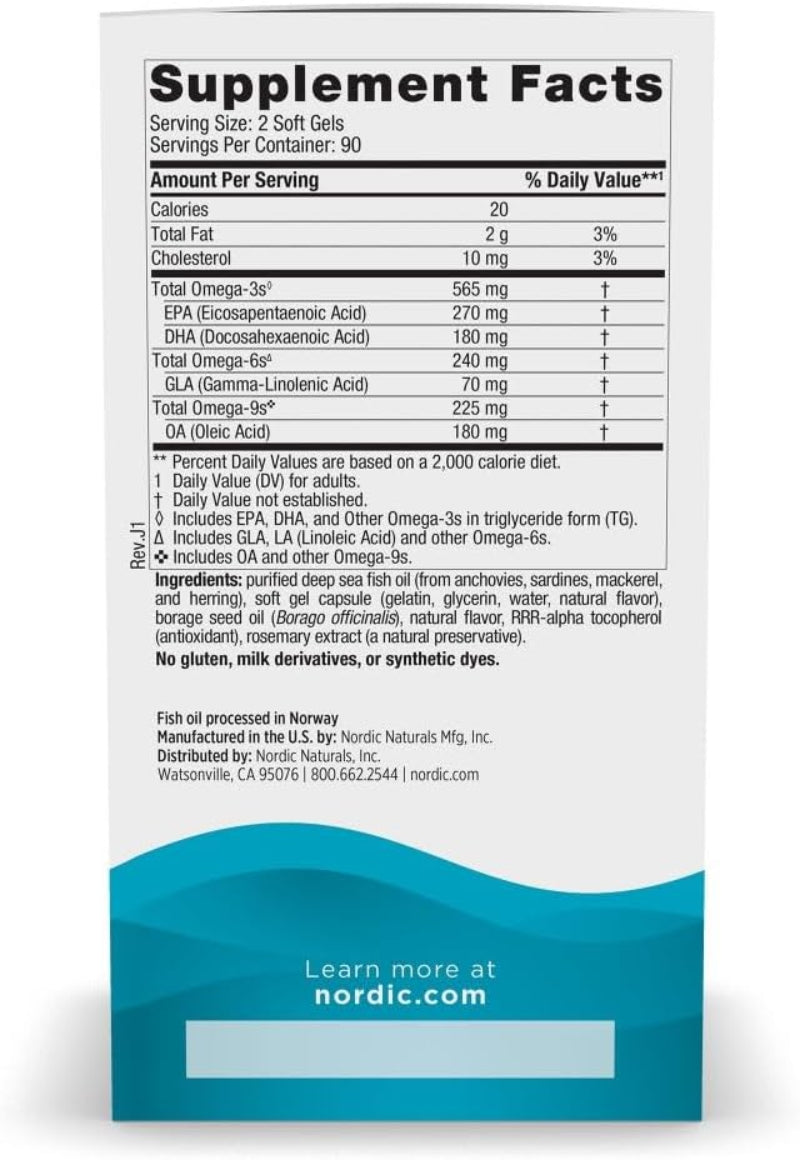 Nordic Naturals Complete Omega Lemon - 565 mg Omega-3 with GLA - Healthy Skin, Cognition & Mood Support - 180 Soft Gels (90 Servings)