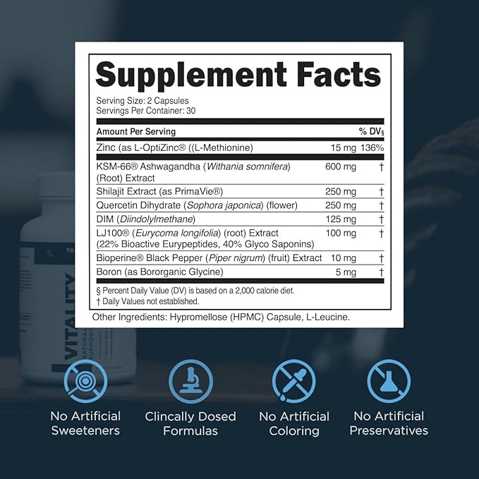Transparent Labs Vitality Testosterone Booster – 60 Count Capsules – Men’s Vitality Supplement with KSM-66 Ashwagandha, PrimaVie Shilajit, and DIM for Muscle Support & Stress Management